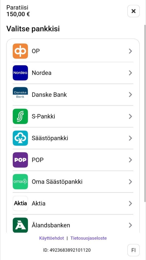 Valitse pankkisi tehdäksesi talletuksen Paratiisi-sovelluksessa