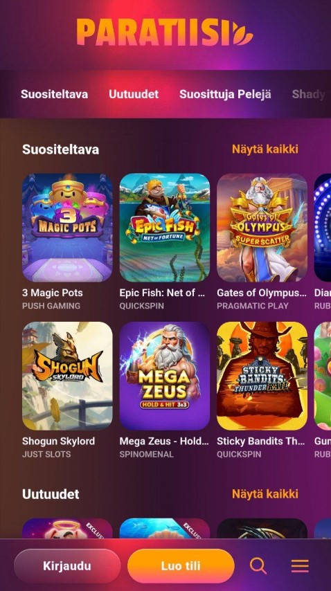 Selaa suosittuja kolikkopeleja Paratiisi-mobiilisovelluksessa